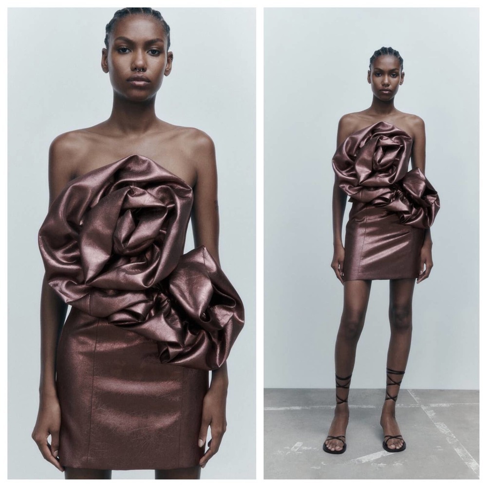 Zara Metallic Brown Strapless Mini Dress with Sculpted Rosette